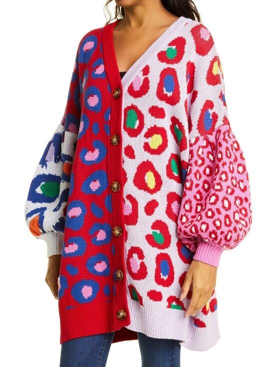 FARM Rio Sweaters - Farm RIO Leopard Pop Cotton Cardigan Sweater S Oversize Baggy Relaxed Multicolor